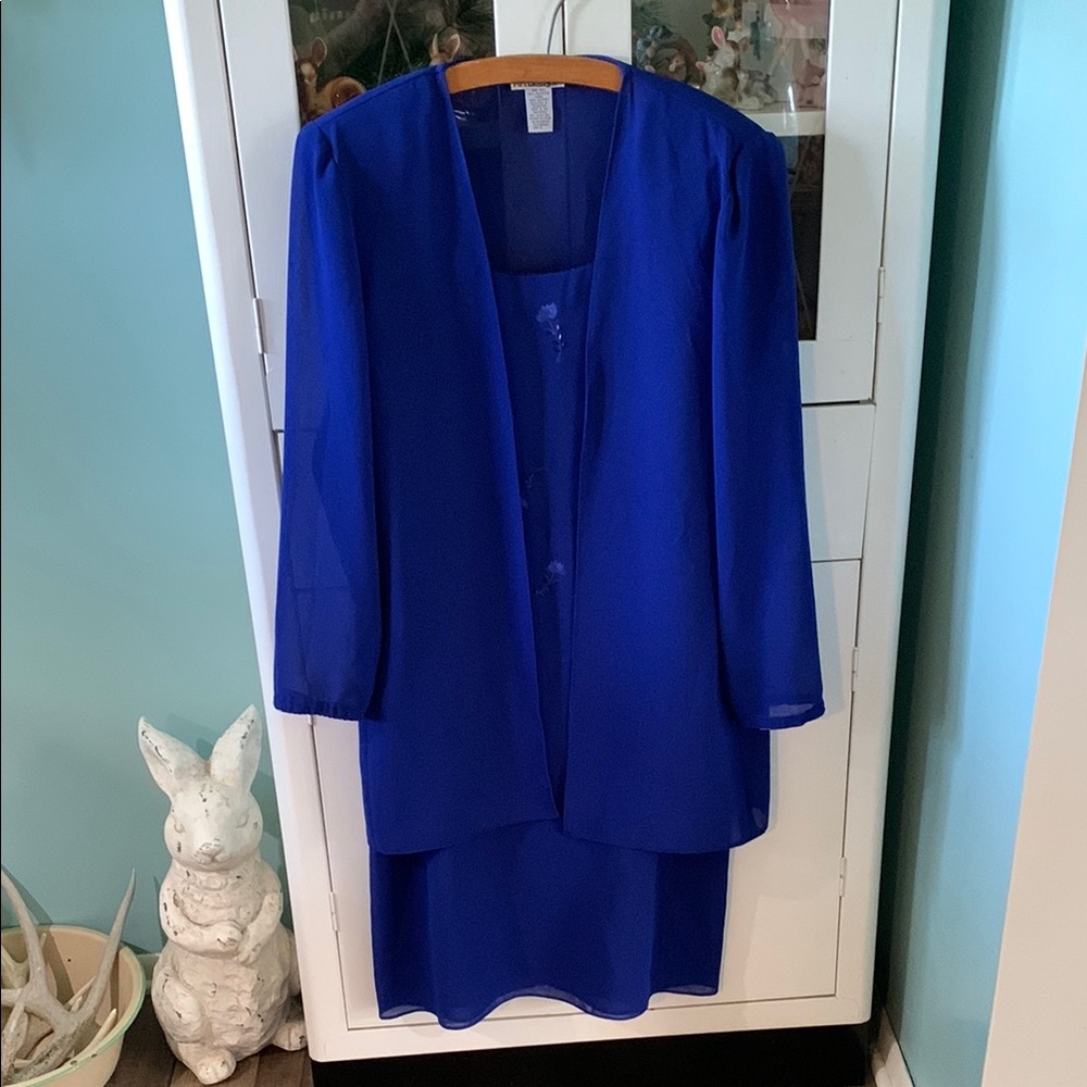 After Dark sz 12 Vintage Elegant Royal Blue Dress and Jacket Set euc Beaded Trim